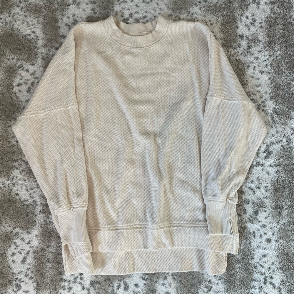 aerie Cream Waffle-Knit Pullover Sweatshirt